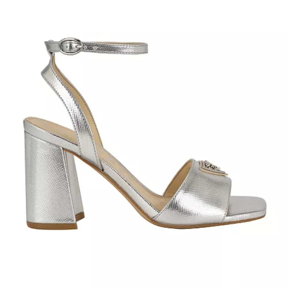 GUESS Women's Silver Gelya Block Heel Ankle Strap Open Toe Dress Sandals Size 10 - Picture 2 of 5
